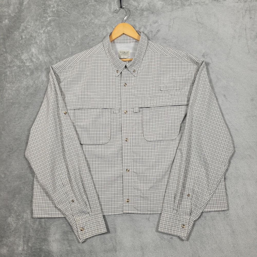 LL Bean Mens XXL Tall Plaid Long Sleeve Button Up Shirt Vented Outdoor Fishing
